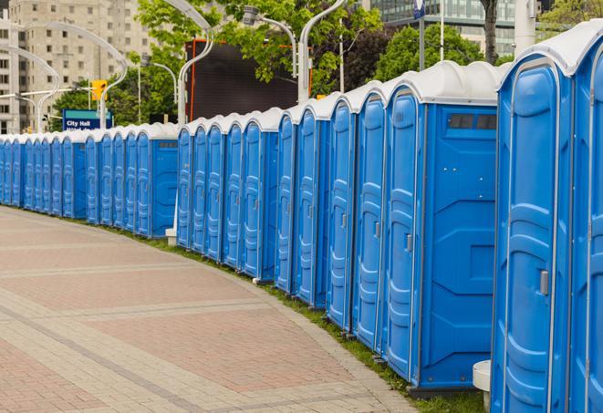 portable restrooms lined up at a marathon, ensuring runners can take a much-needed bathroom break in Hahnville